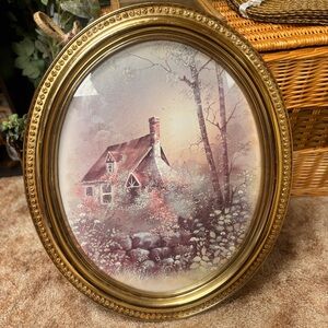 Vintage Syroco Gold Oval Frame w/ Lee K. Parkinson Cottage Core Print - Art Deco
